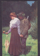 PPC Alfred Mailick : Courting Couple Hunter & Woman W. Umbrella (2 Scans) - Mailick, Alfred