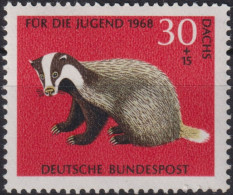 1968 Deutschland > BRD, ** Mi:DE 551, Sn:DE B432, Yt:DE 416, Europäischer Dachs, Wildtiere - Selvaggina