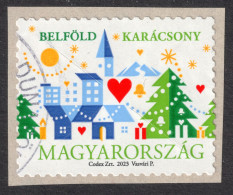 Church Heart Candle Tree Mountain 2023 Hungary Christmas Self Adhesive / Used But Adhesive DUNAFÖLDVÁR Postmark - Usati