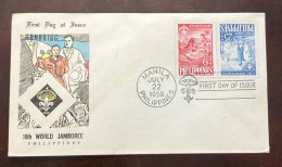 D)1959, PHILIPPINES, FIRST DAY COVER, ISSUE 10TH WORLD SCOUT MEETING, FIELD COOKING, ARCHERY, FDC - Filipinas