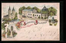 Lithographie Schwelm, Kurhaus E. Rüggeberg, Schwelmer Brunnen, Krieger-Denkmal  - Schwelm