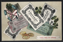 AK Niederländische Banknoten Und Münzen, Kleeblatt Mit Hufeisen  - Monete (rappresentazioni)