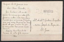 CP Fantaisie Vœux Nouvel An Datée 1e Janvier 1919 De SOIGNIES Pour ST-JOSSE - Griffe "PAYE" (port Payé) - Griffe "SOIGNI - Fortune Cancels (1919)