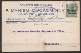 CP "Denrées Coloniales Mahieu-Dugauquier" Affr. N°OC2 Càd HOUDENG /8 VI 1915 Pour TRAZEGNIES - Cachet Censure Allemande  - OC1/25 Generalgouvernement 