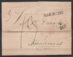 L. Datée 28 Septembre 1825 De HARBURG Pour FRANCOMONT Via Aachen - Griffe "HARBURG" & Cachet Rond Daté "28/SEP." - 1815-1830 (Hollandse Tijd)