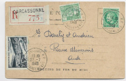 MAZELIN 2FR+ GANDON 5FR+ 40FR MEUSE CARTE POSTALE REC CARCASSONNE 22.7.1949 AU TARIF - 1945-47 Ceres Of Mazelin