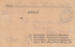 1916: Feldpost Karte An Bayrische Infanterie Div/Brigade/Regiment, Minen-Werfer - Feldpost (portvrij)