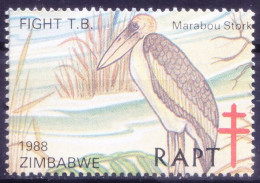Zimbabwe 1978 MNH, Marabou Stork Water Birds, TB Seal Fund To Fight TB, Medicine - Storchenvögel