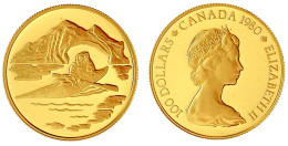 100 Dollars 1980, Inuit Im Kajak Vor Eisberg. 16,97 G. 917/1000. Im Originaletui Mit Zertifikat. Polierte Platte. Krause - Canada