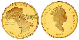 100 Dollars 1992. 350 Jahre Montreal (Ville Marie). 13,34 G. 583/1000. Im Originaletui Mit Zertifikat. Polierte Platte.  - Canada