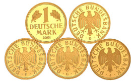 5 Stück: 2001 A,D,F,G,J. Je 12 G. Feingold. In Originalkapseln. Stempelglanz. Jaeger 481 (5). - Germany