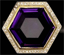 Massiver Fingerring Gelbgold 750/1000 Mit Großem Amethyst Im Sechseck-Schliff (23 X 23 X 10 Mm), Umrandet Von 53 Kleinen - Altri & Non Classificati