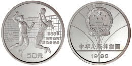 50 Yuan 5 Unzen Silbermünze 1988. Olympiade/Volleyball. Im Etui Und In Kapsel Mit Zertifikat. Polierte Platte, Etwas Pat - Cina