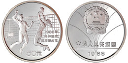 50 Yuan 5 Unzen Silbermünze 1988. Olympiade/Volleyball. Im Etui Und In Kapsel. Polierte Platte. Krause/Mishler 205. Schö - China