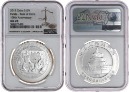 10 Yuan Panda (1 Unze) Silber 2012. Panda Mit Jungtier. Mit Gedenkinschrift "100 Jahre Bank Of China". Im NGC-Blister Mi - Cina