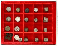 Schuber Mit 24 Stück: 22 Alte Indische Münzen (18 X Silber, 4 X Kupfer), Denar Der Röm. Republik Und BRD 2 DM 1951 D. Me - Indien