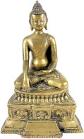 Gelbbronzefigur Des Sitzenden Buddha Shakyamuni Auf Dem Elefantenthron Mit Drachenverzierung. Höhe 27 Cm. Mit Zertifikat - Nepal