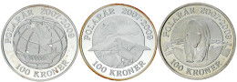 3 X 100 Kroner: 2007 Polarbär, 2008 Schlitten Auf Globus Und 2009 Eisberge. Polierte Platte. Krause/Mishler 916. - Dänemark
