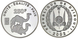 250 Francs Silber 2002. Einführung Des Euro. Zwei Dromedare. In Kapsel. Auflage Nur 500 Ex. Polierte Platte - Dschibuti (Afar- Und Issa-Territorium)