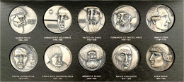 Holzschatulle Mit 10 Silbermedaillen 1973 Von Kauko Räsänen. Auf Berühmte Entdecker Wie Marco Polo, Christoph Columbus,  - Finlande