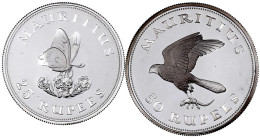 2 Silbermünzen: 25 Und 50 Rupees 1975. Schmetterling Und Mauritiusfalke. Polierte Platte. Krause/Mishler 40,41. Schön 29 - Mauricio