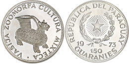 150 Guaranies Silber 1973. Vierbeiniges Tongefäß In Form Eines Jaguars Mit Polychromer Bemalung, Mixtekische Kultur. Pol - Paraguay