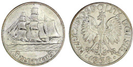 5 Zlotych 1936. Segelschiff. Vorzüglich. Parchimowicz 119. - Polen