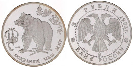 3 Rubel Silber 1993, Braunbär. Aufl. Max. 5000 Ex. In Kapsel. Polierte Platte. Parch. 1008. Schön 331. - Russland