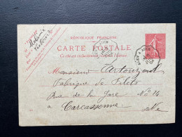 10c SEMEUSE ENTIER CARTE POSTALE / CONVOYEUR AGEN A AUCH / POUR CARCASSONNE AUDE / 1904 - Cartoline Precursori
