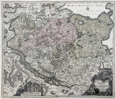 Kolorierte Kupferstich-Landkarte (1730) Von Matthäus Seutter (1678-1757, Augsburg). Im Verglasten Rahmen. 64 X 85 Cm - Gold Coins