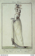 Gravure De Mode Costume Parisien 1797 N° 11 (An 5) Falbalas Bonnet à La Jardinière - Etchings