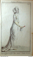 Gravure De Mode Costume Parisien 1800 N° 240 (An 8) Capote En Crêpe Blanc - Radierungen