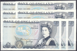 Bank Von England, 7x 5 Pounds O.D. 1978-1991. Fortlaufende KN. BS21 021261 - BS21 021267. I- / II+ Pick 378b. - Other & Unclassified