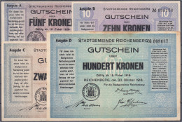 Stadtgemeinde Reichenberg: 5, 10, 20 Und 100 Kronen Gutscheine 30.10.1918. I- Und III. Richter 88a-d. - Oesterreich