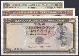 Banco Nacional Ultramarino, 20, 100 U. 500 Escudos 1963-1967. I-II, Leicht Stockfleckig Und Wellig. Pick 26, 28, 29. - Timor