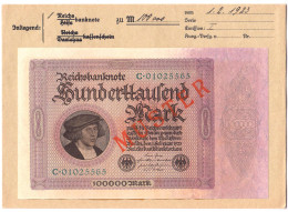 100 Tsd. Mark 1.2.1923. Mit Rotaufdruck „Muster“ Auf Vs., KN. 8-stellig, Serie C, Im Original Kassenkuvert Der Reichsban - Autres & Non Classés