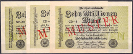 3x 10 Mio. Mark 22.8.1923. Mit Rotaufdruck „Muster“ Auf Vs., 2x Wz. Hakensterne Und 1x Ringe, KN. 6-stellig, FZ: GE, CD, - Autres & Non Classés