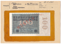 100 Mio. Mark 22.8.1923. Mit Rotaufdruck „Muster“ Auf Vs., Reichsdruck, KN. 8-stellig, Serie H, Im Original Kassenkuvert - Autres & Non Classés