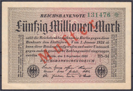 50 Mio. Mark 1.9.1923. Mit Rotaufdruck „Muster“ Auf Vs., Wz. Rauten, KN. 6-stellig, FZ: BS. I- Rosenberg 108j. Grabowski - Andere & Zonder Classificatie