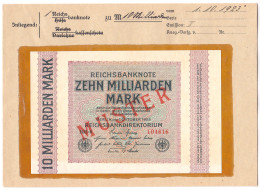 10 Mrd. Mark 1.10.1923. Mit Rotaufdruck „Muster“ Auf Vs., Wz. Gitter Mit 8, KN. 6-stellig, FZ: RH, Im Original Kassenkuv - Andere & Zonder Classificatie