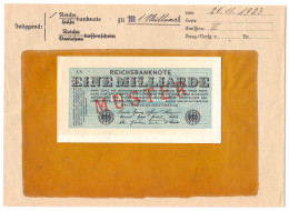 1 Mrd. Mark 20.10.1923. Mit Rotaufdruck „Muster“ Auf Vs., Wz. Kreuzblüten, FZ: AN, Im Original Kassenkuvert Der Reichsba - Sonstige & Ohne Zuordnung