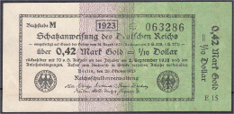 Schatzanweisung Zu 0,42 Mark Gold 26.10.1923. KN 6-stellig, Serie E. I- Rosenberg 142a. Grabowski. WBN-12a. - Altri & Non Classificati