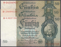3x 50 Reichsmark 30.3.1933. Friedensdruck, Zwischenform Und Kriegsdruck. Udr-Bst./Serie: E/K, L/B Und Ohne/H. I / I- Ros - Autres & Non Classés