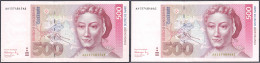 2x 500 Deutsche Mark 1.8.1991. Folge KN. Serie AA/A. II. Rosenberg 301a. Grabowski. BRD-45a. - Altri & Non Classificati