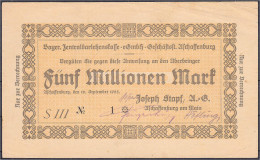 Joseph Stapf A.-G., 5 Mio. Mark 12.9.1923. Gedruckte Anweisung Auf Bayer. Zentraldarlehenskasse E.G.m.b.H. KN. 1. II. Ke - [11] Emissions Locales