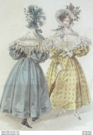 Gravure De Mode Costume Parisien 1832 N°2977 Capote En Tulle Brodé En Soie - Etsen