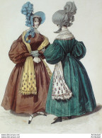 Gravure De Mode Costume Parisien 1832 N°3026 Robes De Gros De Naples à Raies - Etsen