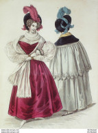 Gravure De Mode Costume Parisien 1832 N°3042 Robe Velours Manches Blondes - Acqueforti