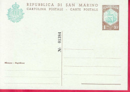 SAN MARINO - INTERO CARTOLINA POSTALE PALAZZO CONSIGLIARE LIRE 40 NUMERATA (INT. 33A) - NUOVA - Entiers Postaux