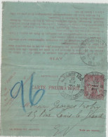 1907 - PNEUMATIQUE - CARTE-LETTRE CHAPLAIN De PARIS 106 R.DU TROCADERO => PARIS 98 GRAND-HOTEL - Pneumatische Post